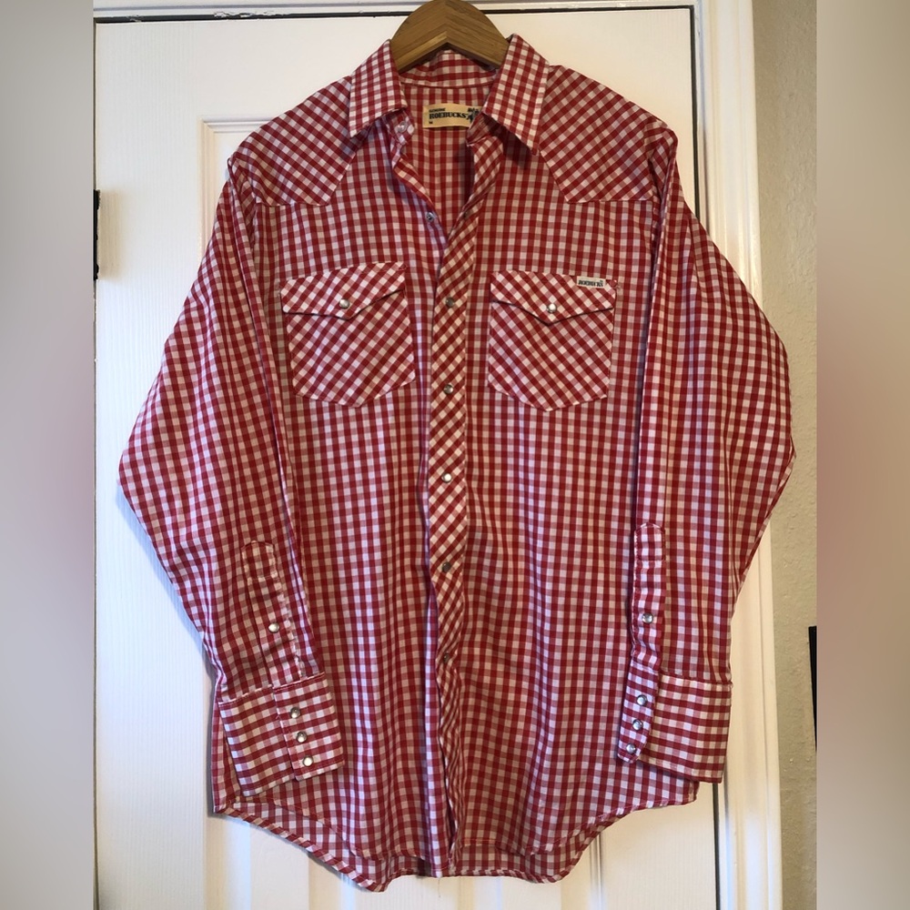 Vintage Roebucks Red Gingham Pearl Snap Western Shirt | USA Made | M